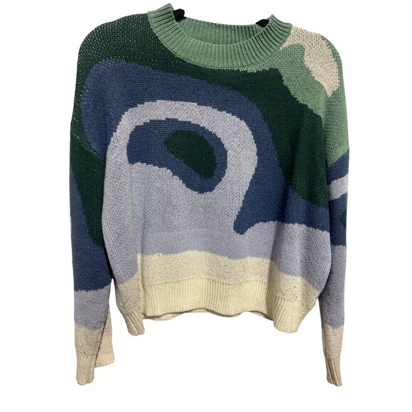 Shein Womens Abstract Pattern Sweater Size S US 4 Green Blue Beige - Picture 2 of 5